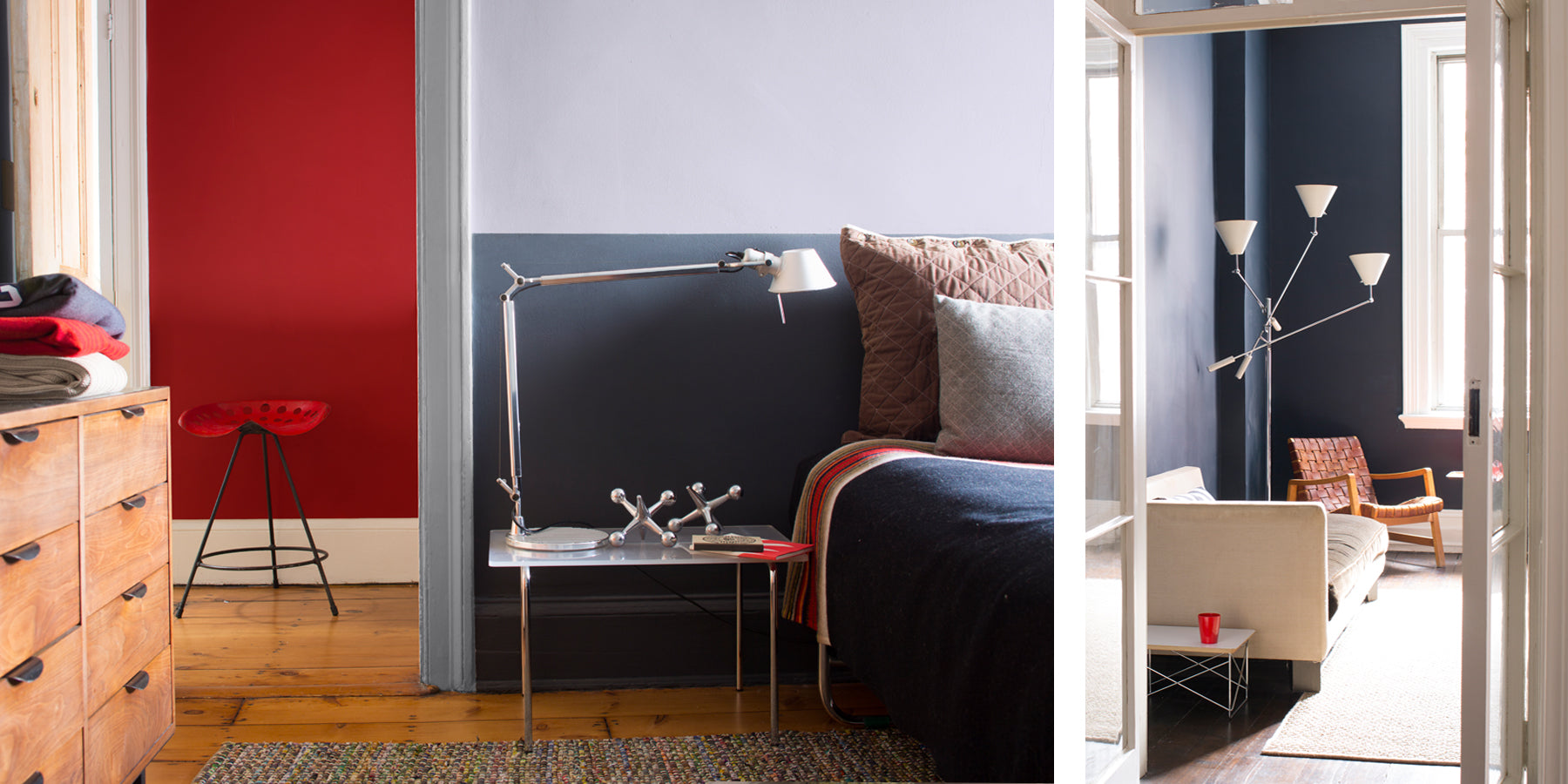 Bedroom and living room painted Navy and Red with Benjamin Moore Paint, available at Catalina Paints