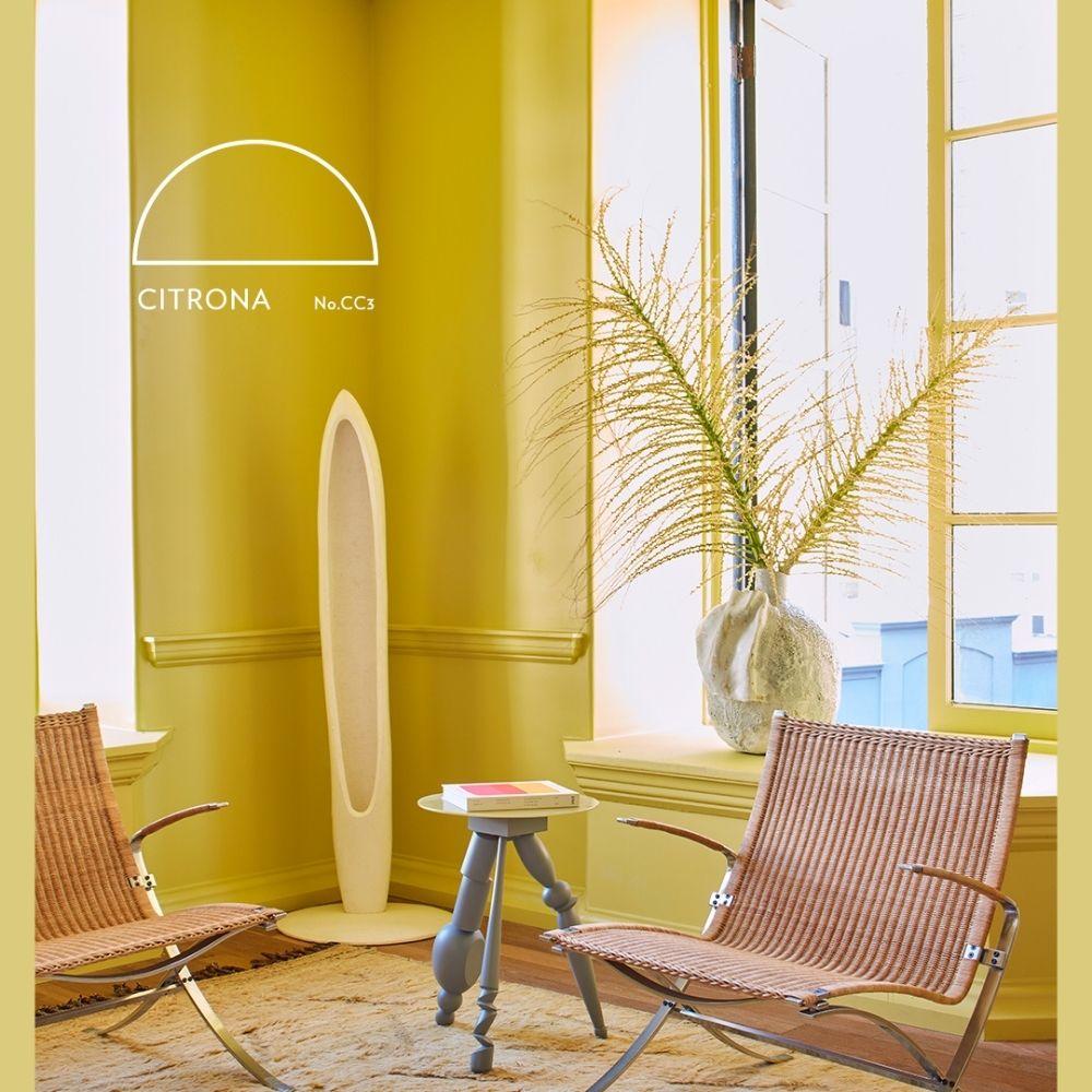 Citrona paint color by elly Wearstler California Collection for Farrow &amp; Ball paint in a room, available at Catalina Paint in Greater Los Angeles.