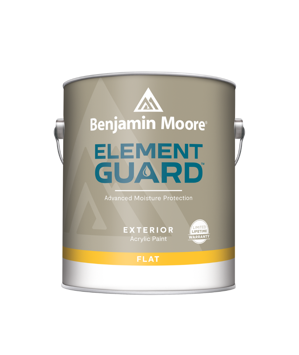 Benjamin Moore&#39;s Element Guard Exterior Flat Paint with Advanced Moisture Protection available at Catalina Paint.
