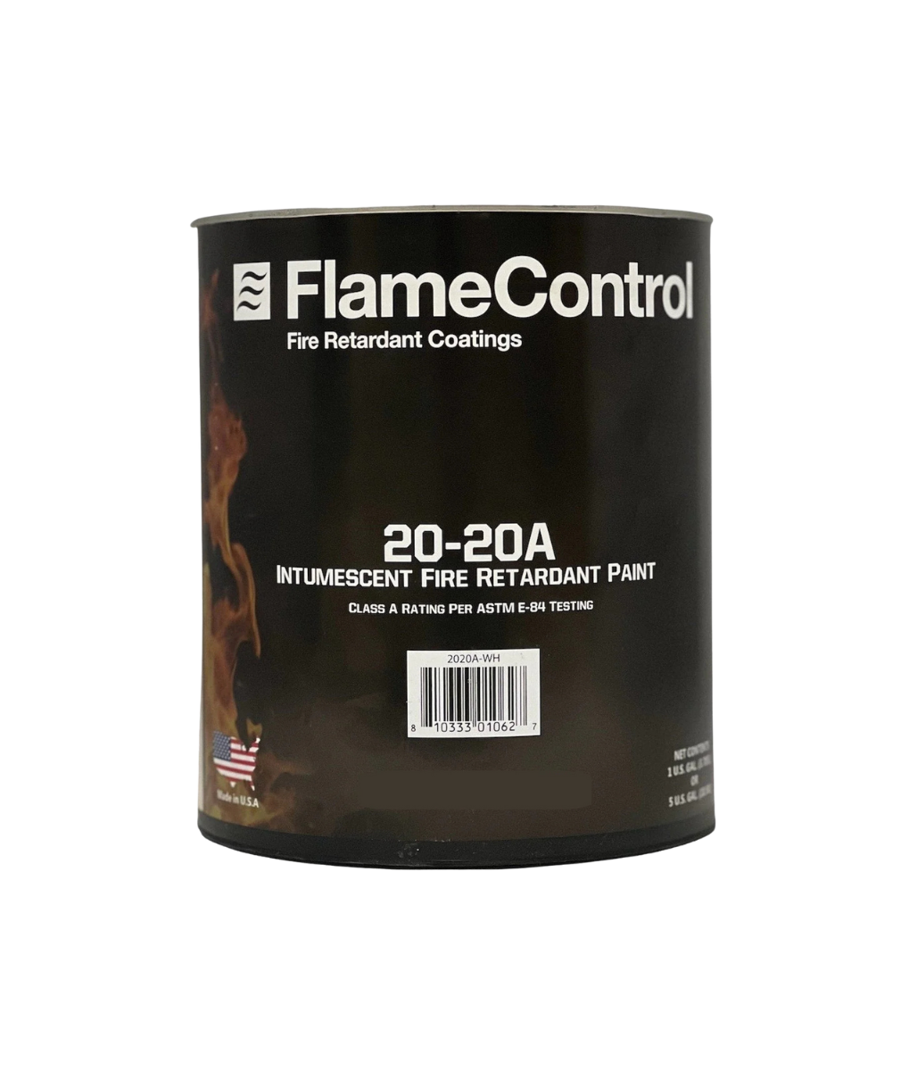 One-gallon can of Flame Control FC2020A Flat White Fire Retardant Coating with red and white label.