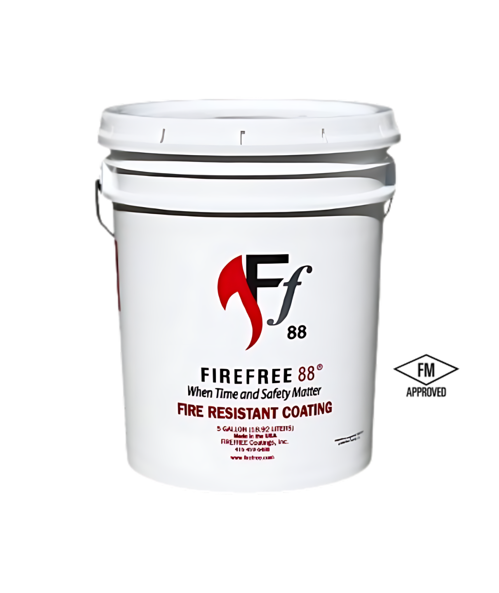 Five-gallon bucket of Firefree 88 Intumescent Coating with white container and red-and-black label.

