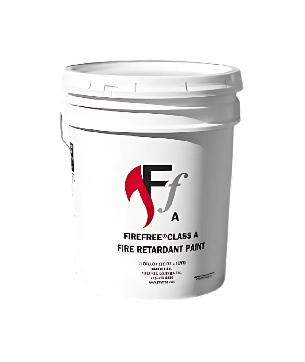 Five-gallon bucket of Firefree Class A Fire Retardant Coating with white container and red-and-black label.