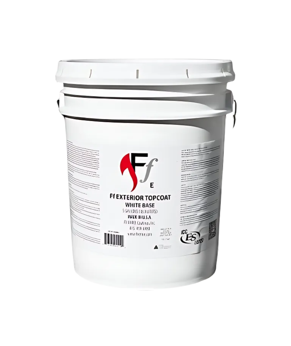Five-gallon bucket of Firefree Topcoat with white container and red-and-black label, used in the Firefree Exterior System for Wildfire.