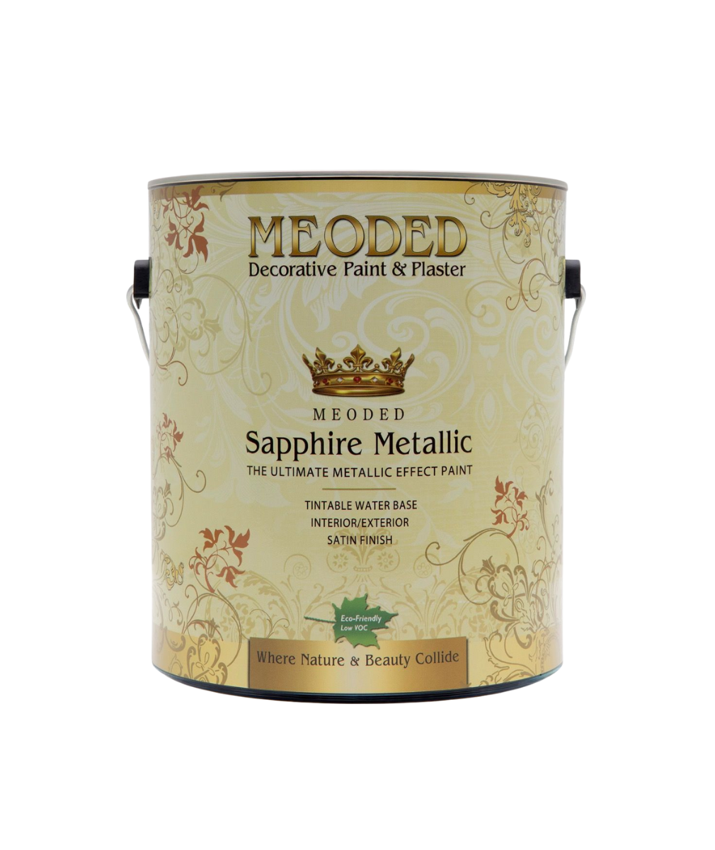 Meoded Sapphire Metallic pearlescent paint at Catalina Paints in Los Angeles – a low-VOC, water-based finish crafted with fine mica powders, offering a rich satin sheen ideal for adding luminous elegance to Southern California interiors.