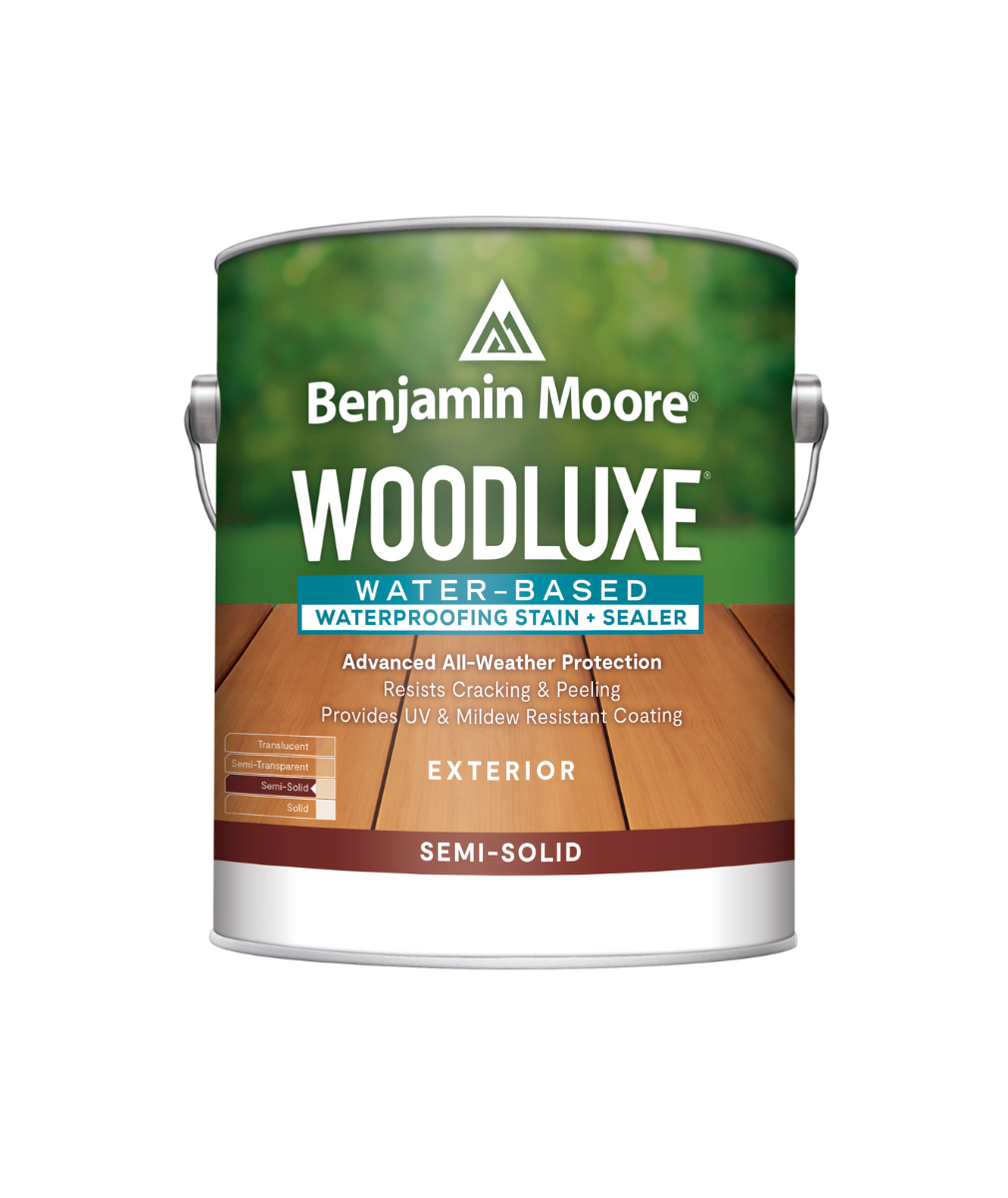 Benjamin Moore Woodluxe® Water-Based Semi-Solid Exterior Stain available at Catalina Paints  in Los Angeles County.