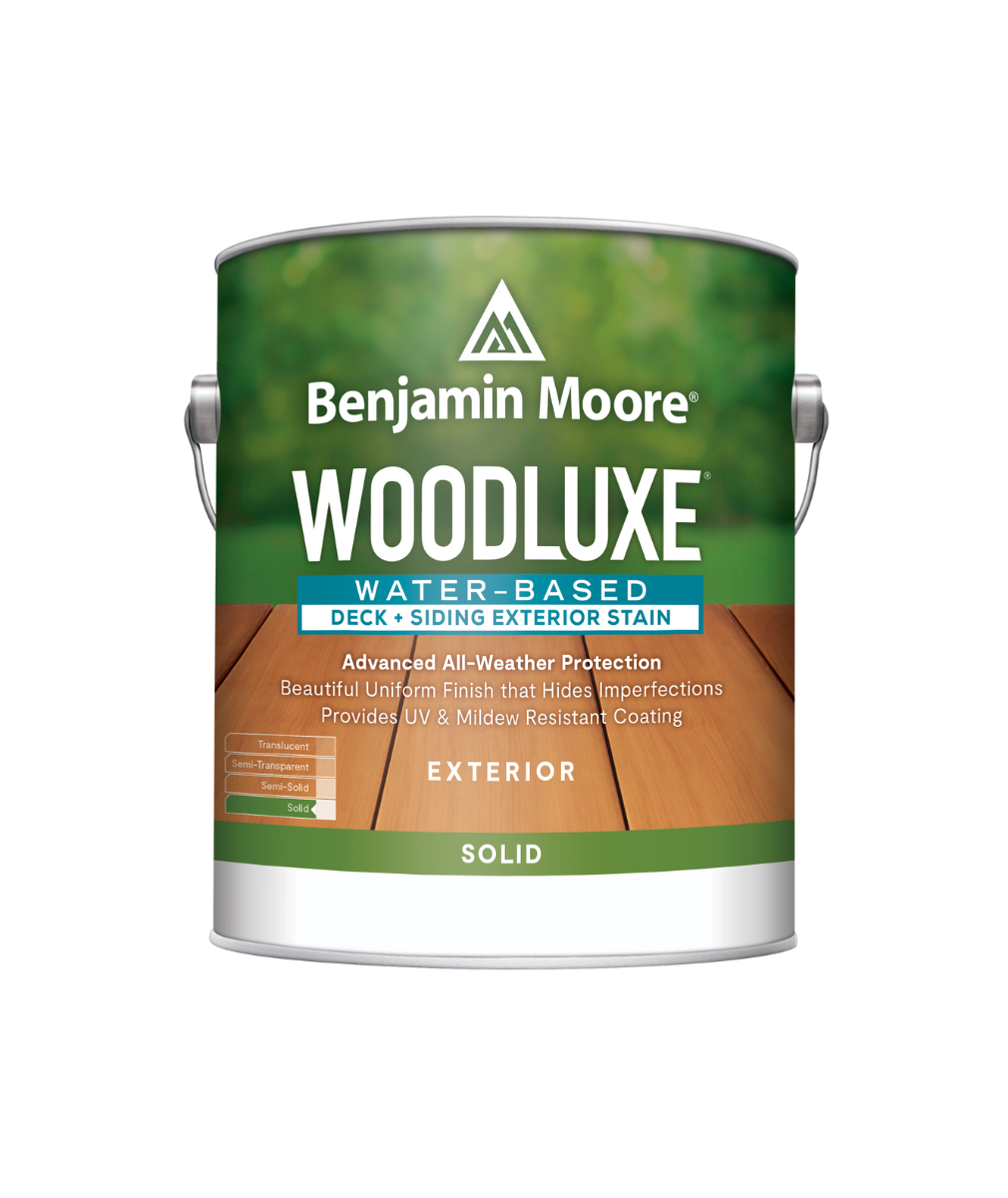 Benjamin Moore Woodluxe® Water-Based Solid Exterior Stain available at Catalina Paints  in Pennsylvania, New Jersey & Delaware.