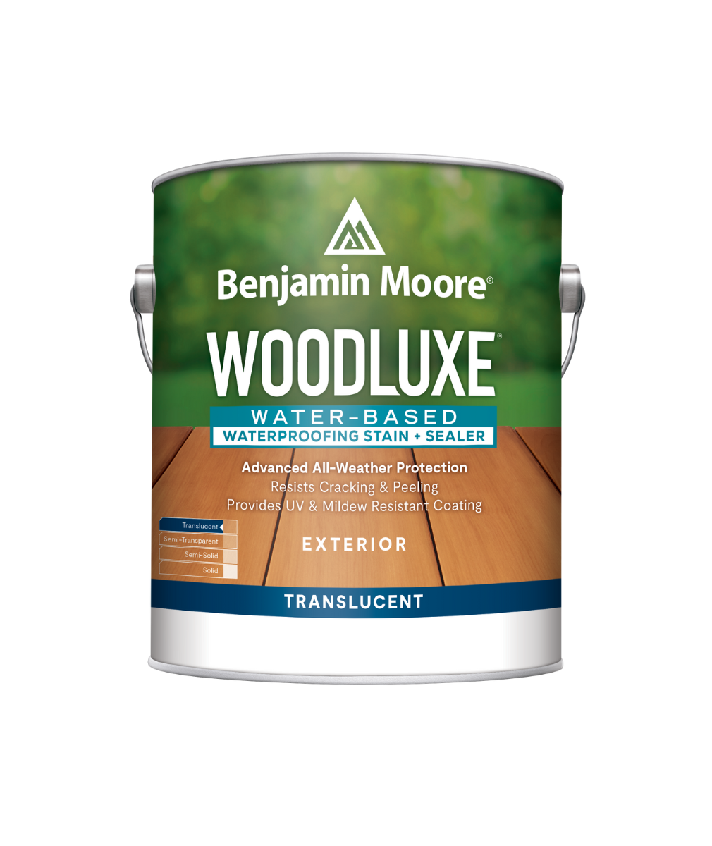 Benjamin Moore Woodluxe® Water-Based Translucent Exterior Stain available at Catalina Paints  in Los Angeles County.