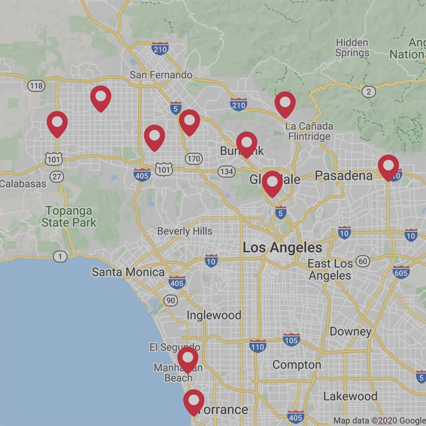 map with red pins showing the ten store locations for Catalina Paints in Los Angeles